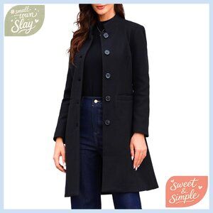 Women's Polyester Pea Coat, Stand Collar, Mid-Length Winter Coat with Pockets